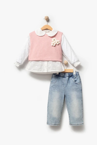 Çiçekli Yelekli Bayramlık 3'lü Kız Takımı 9084 - PEMBE