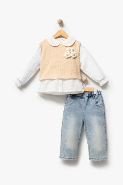 Çiçekli Yelekli Bayramlık 3'lü Kız Takımı 9084 - BEJ