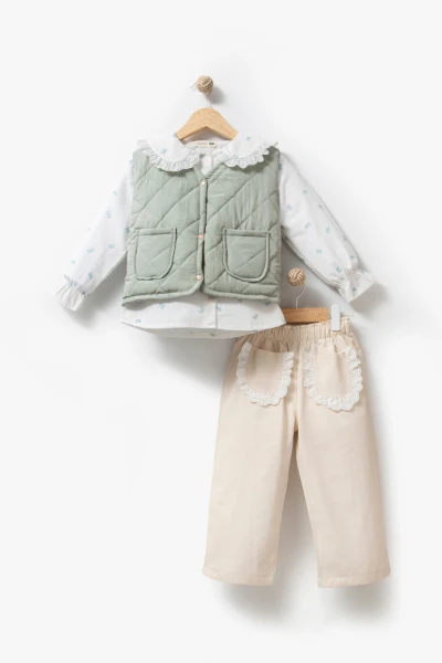 Dantel Yaka Yelekli 3'lü Bebek Takımı 9086 - YEŞİL