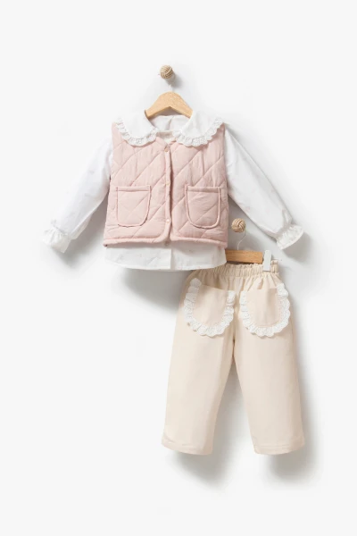 Dantel Yaka Yelekli 3'lü Bebek Takımı 9086 - PEMBE