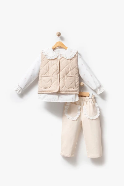 Dantel Yaka Yelekli 3'lü Bebek Takımı 9086 - BEJ