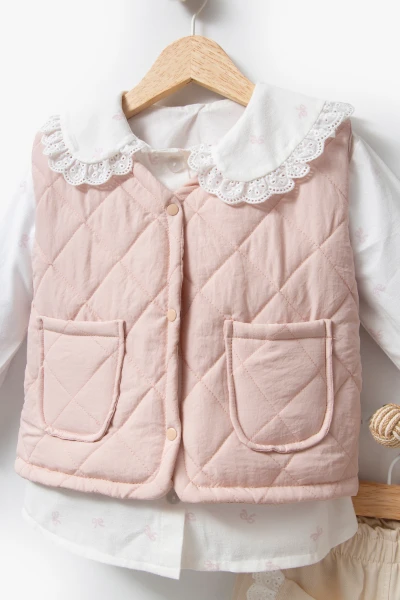 Dantel Yaka Yelekli 3'lü Bebek Takımı 9086 - PEMBE
