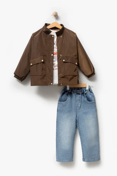 Motor Baskılı Erkek Bebek Günlük 3’lü Set 9087 - KAHVERENGİ