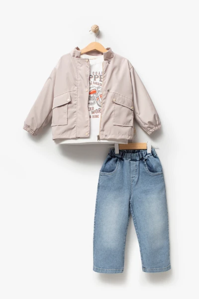 Motor Baskılı Erkek Bebek Günlük 3’lü Set 9087 - GRİ