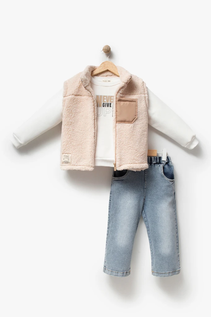 Erkek Çocuk Cep Detaylı Peluş Yelekli Baskılı Sweatshirt ve Kot Pantolon 3’lü Takım 8308 WNT - BEJ