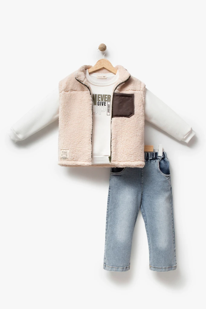 Erkek Çocuk Cep Detaylı Peluş Yelekli Baskılı Sweatshirt ve Kot Pantolon 3’lü Takım 8308 WNT - HAKİ