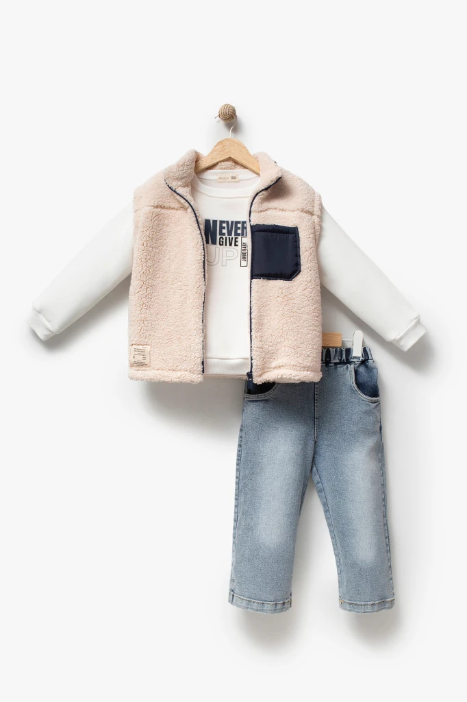 Erkek Çocuk Cep Detaylı Peluş Yelekli Baskılı Sweatshirt ve Kot Pantolon 3’lü Takım 8308 WNT - LACİVERT