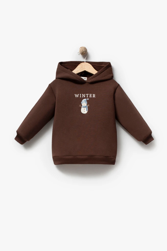 Erkek Çocuk Peluş Yelekli Kardan Adam Baskılı Kapüşonlu Sweatshirt ve Jogger Pantolon 3’lü Takım 8046 - KAHVERENGİ