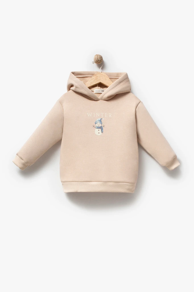 Erkek Çocuk Peluş Yelekli Kardan Adam Baskılı Kapüşonlu Sweatshirt ve Jogger Pantolon 3’lü Takım 8046 - BEJ