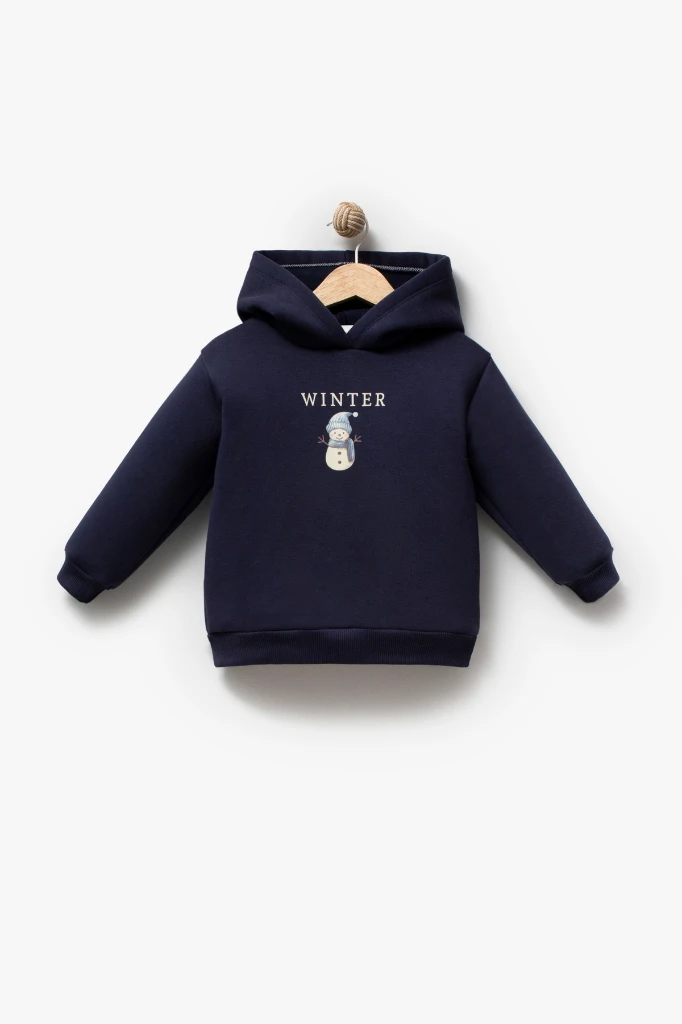 Erkek Çocuk Peluş Yelekli Kardan Adam Baskılı Kapüşonlu Sweatshirt ve Jogger Pantolon 3’lü Takım 8046 - LACİVERT