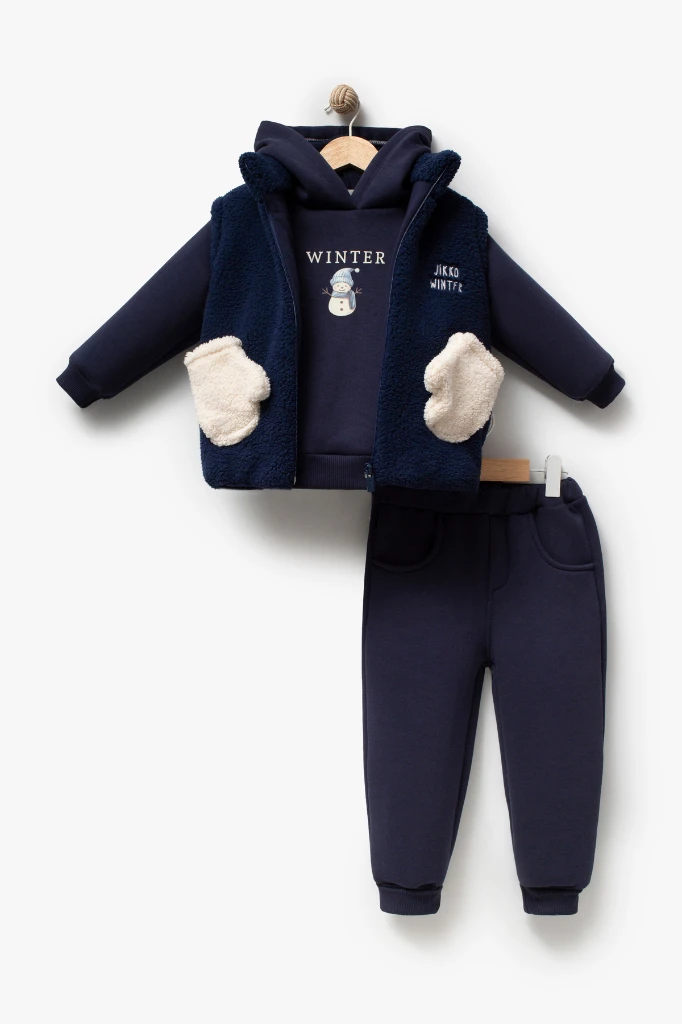 Erkek Çocuk Peluş Yelekli Kardan Adam Baskılı Kapüşonlu Sweatshirt ve Jogger Pantolon 3’lü Takım 8046 - LACİVERT