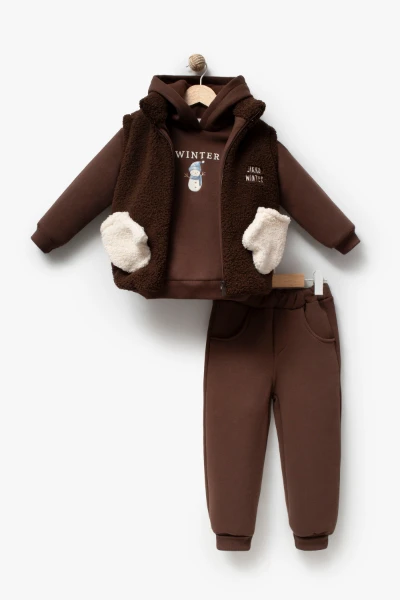 Erkek Çocuk Peluş Yelekli Kardan Adam Baskılı Kapüşonlu Sweatshirt ve Jogger Pantolon 3’lü Takım 8046 - KAHVERENGİ