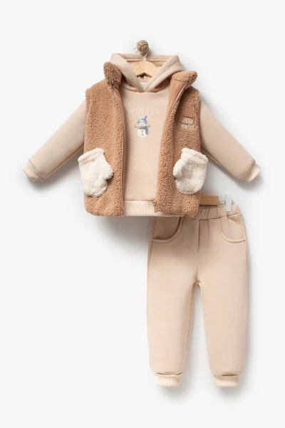 Erkek Çocuk Peluş Yelekli Kardan Adam Baskılı Kapüşonlu Sweatshirt ve Jogger Pantolon 3’lü Takım 8046 - BEJ