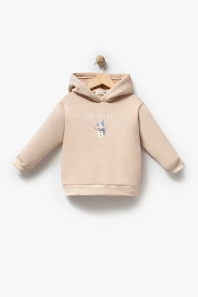 Erkek Çocuk Peluş Yelekli Kardan Adam Baskılı Kapüşonlu Sweatshirt ve Jogger Pantolon 3’lü Takım 8046 WNT - BEJ