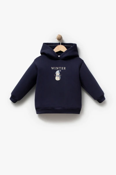 Erkek Çocuk Peluş Yelekli Kardan Adam Baskılı Kapüşonlu Sweatshirt ve Jogger Pantolon 3’lü Takım 8046 WNT - LACİVERT