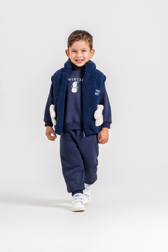 Erkek Çocuk Peluş Yelekli Kardan Adam Baskılı Kapüşonlu Sweatshirt ve Jogger Pantolon 3’lü Takım 8046 WNT - LACİVERT