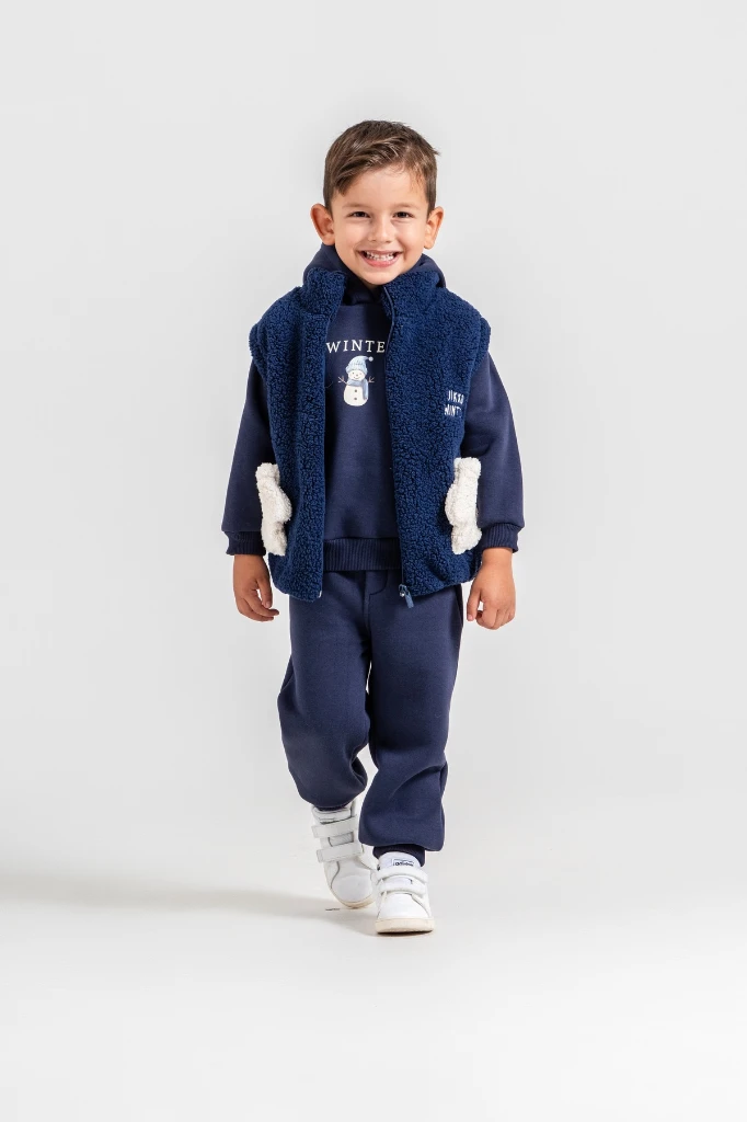 Erkek Çocuk Peluş Yelekli Kardan Adam Baskılı Kapüşonlu Sweatshirt ve Jogger Pantolon 3’lü Takım 8046 WNT - LACİVERT