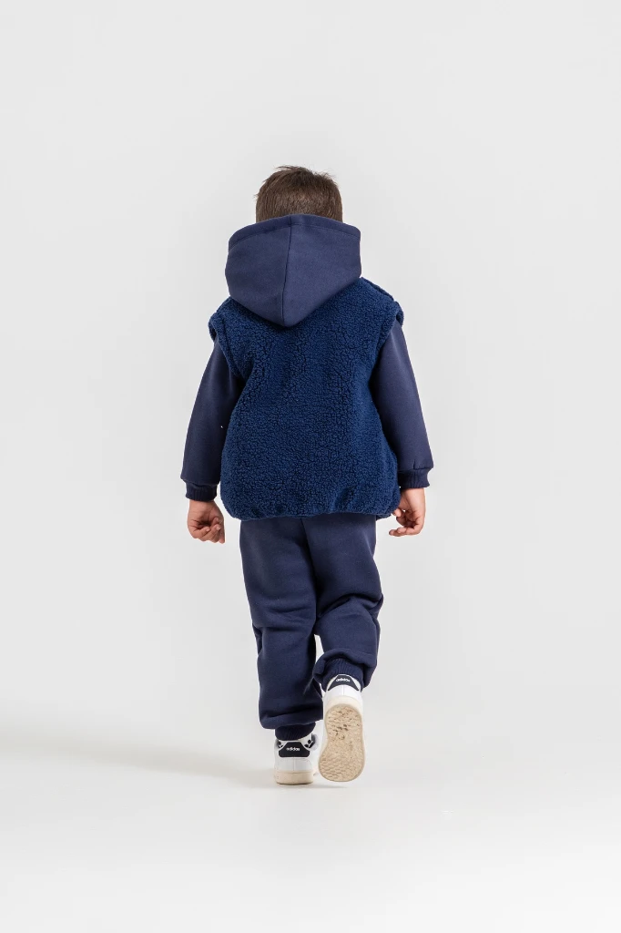 Erkek Çocuk Peluş Yelekli Kardan Adam Baskılı Kapüşonlu Sweatshirt ve Jogger Pantolon 3’lü Takım 8046 WNT - LACİVERT