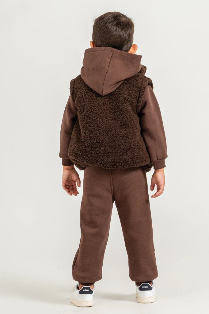 Erkek Çocuk Peluş Yelekli Kardan Adam Baskılı Kapüşonlu Sweatshirt ve Jogger Pantolon 3’lü Takım 8046 WNT - KAHVERENGİ