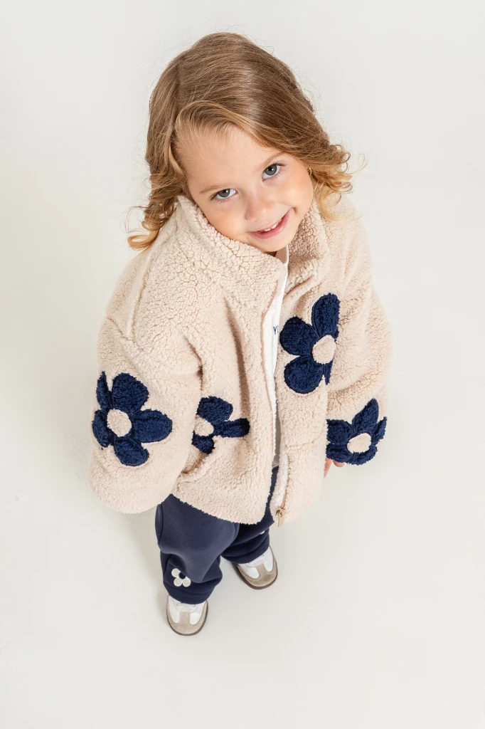 Kız Çocuk Çiçek Detaylı Peluş Ceketli Baskılı Sweatshirt ve Bol Paça Pantolon 3’lü Takım 8309 WNT - LACİVERT