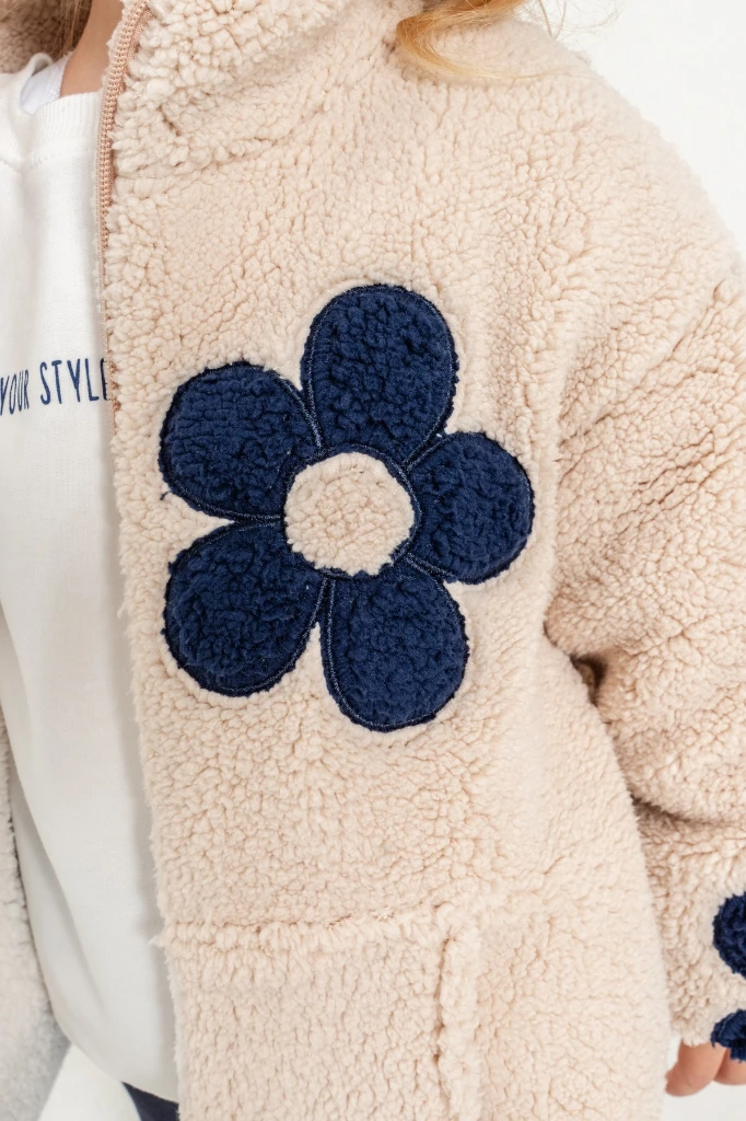 Kız Çocuk Çiçek Detaylı Peluş Ceketli Baskılı Sweatshirt ve Bol Paça Pantolon 3’lü Takım 8309 WNT - LACİVERT