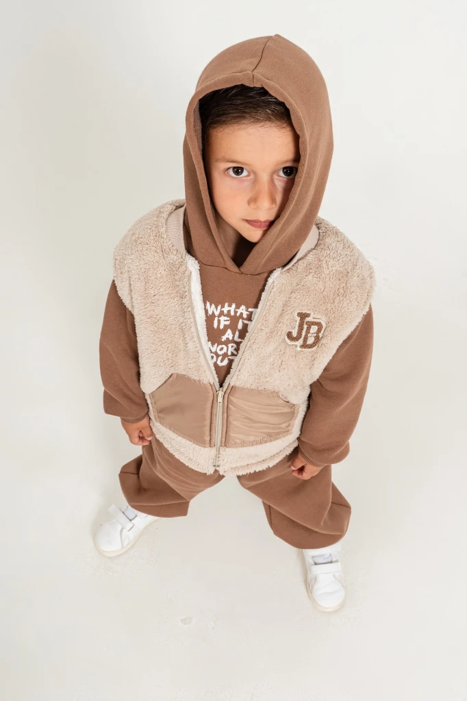 Erkek Çocuk Peluş Yelekli Kapüşonlu Sweatshirt ve Jogger Pantolon 3’lü Takım 8307 WNT - VİZON