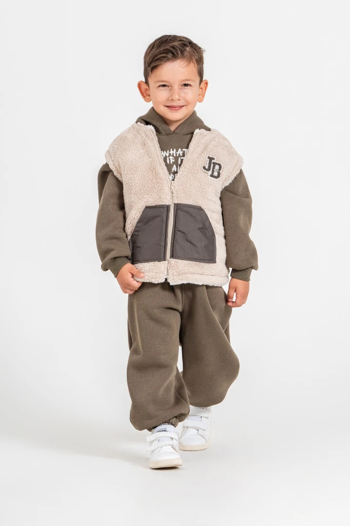 Erkek Çocuk Peluş Yelekli Kapüşonlu Sweatshirt ve Jogger Pantolon 3’lü Takım 8307 WNT - HAKİ