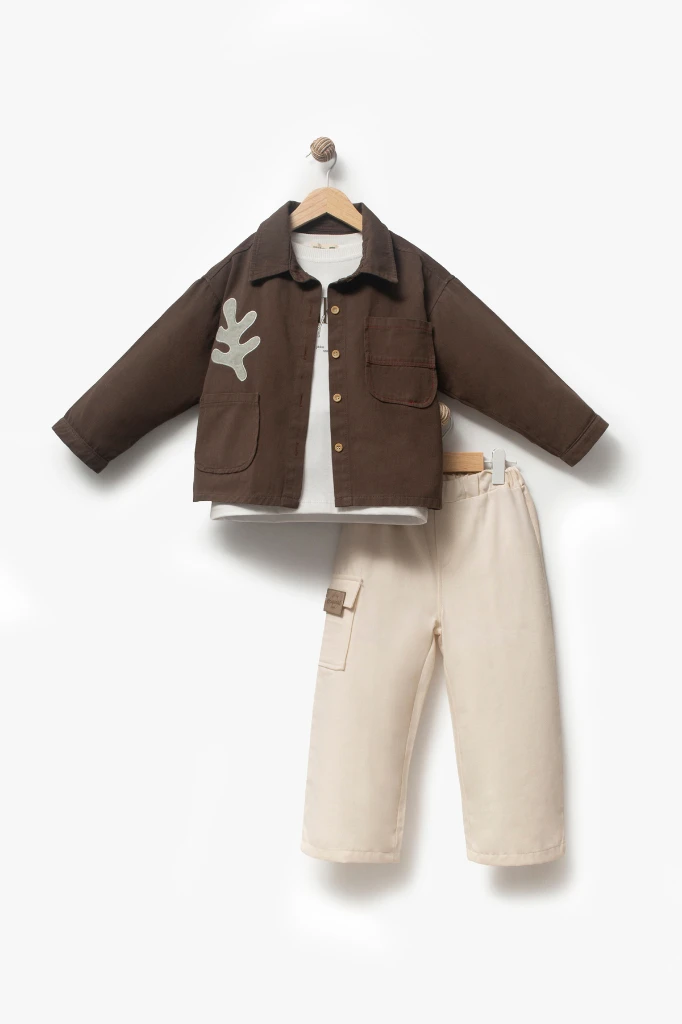 Bayramlık Nakış Detaylı Ceketli 3'lü Erkek Çocuk Takımı 9095 - KAHVERENGİ