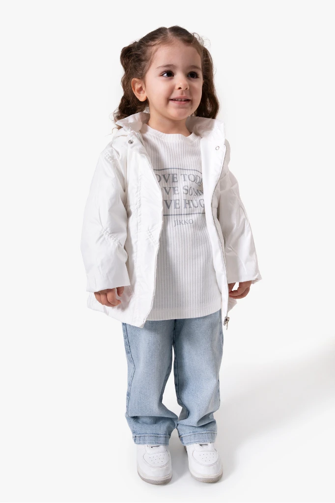 3'lü Kapüşonlu Kız Bebek Mont & Pantolon Bayramlık Takım 9083 - BEYAZ