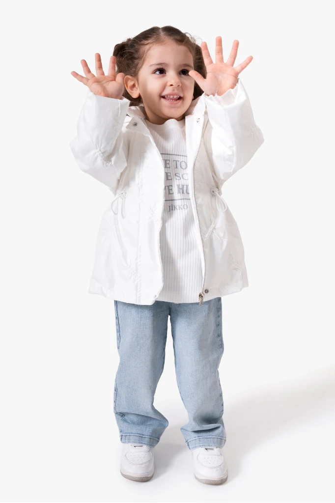 3'lü Kapüşonlu Kız Bebek Mont & Pantolon Bayramlık Takım 9083 - BEYAZ