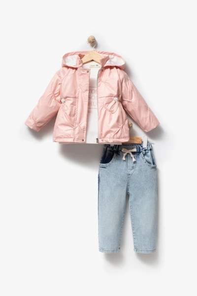 3'lü Kapüşonlu Kız Bebek Mont & Pantolon Bayramlık Takım 9083 - SOMON