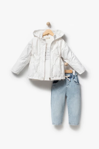 3'lü Kapüşonlu Kız Bebek Mont & Pantolon Bayramlık Takım 9083 - BEYAZ