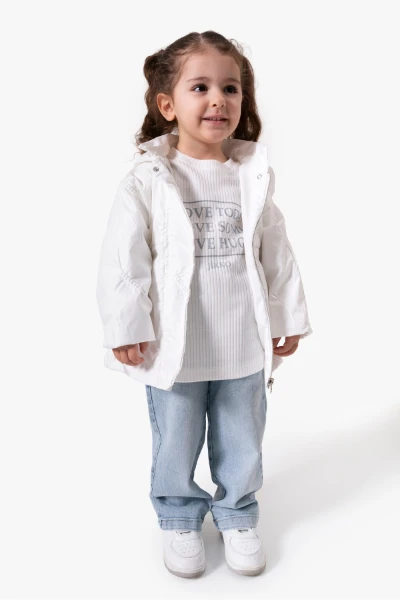 3'lü Kapüşonlu Kız Bebek Mont & Pantolon Bayramlık Takım 9083 - BEYAZ