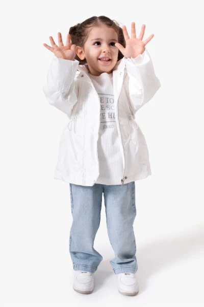 3'lü Kapüşonlu Kız Bebek Mont & Pantolon Bayramlık Takım 9083 - BEYAZ