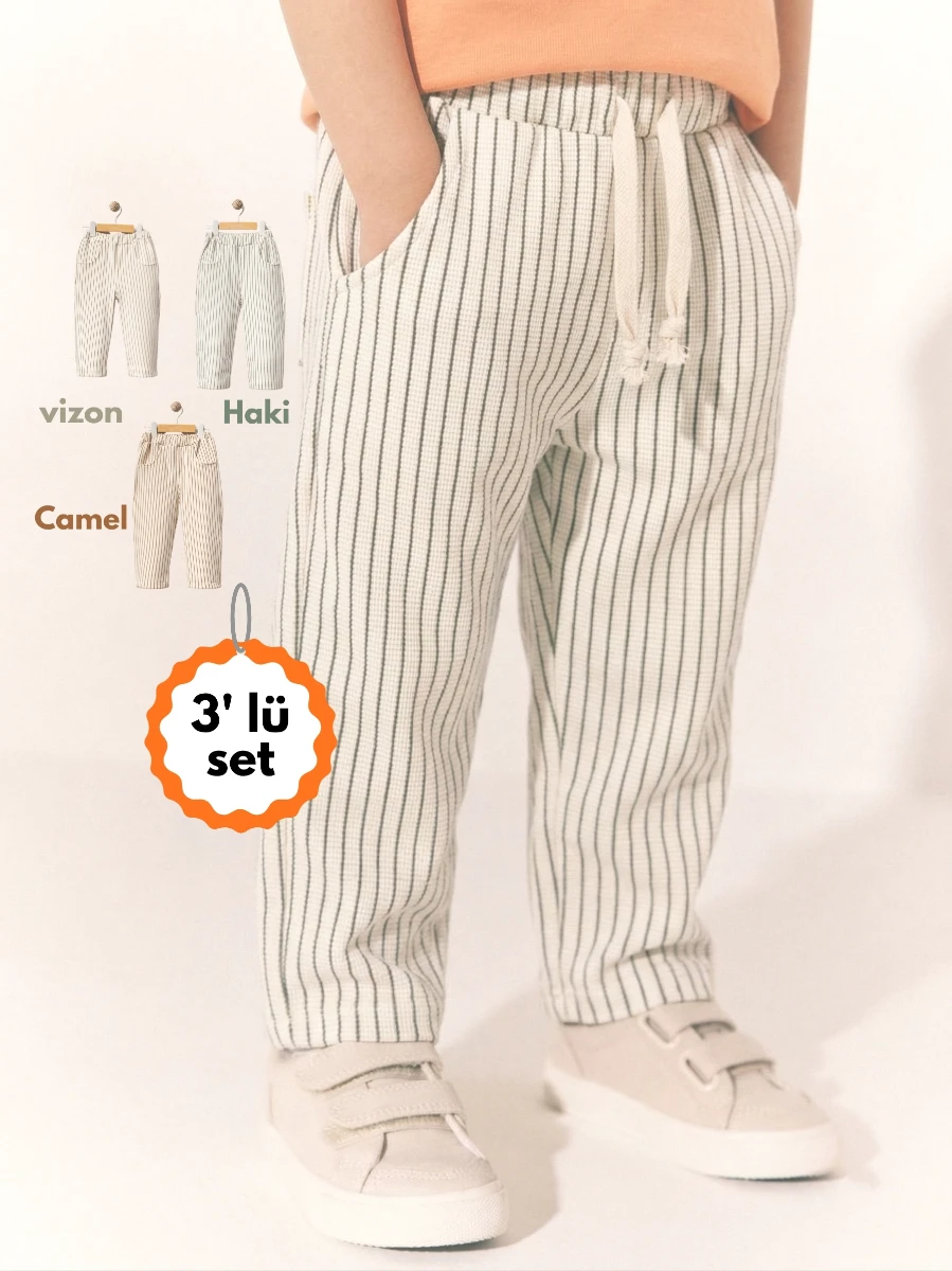 Çizgili Örme 3'lü Pantolon 3710 - ÇOK RENKLİ