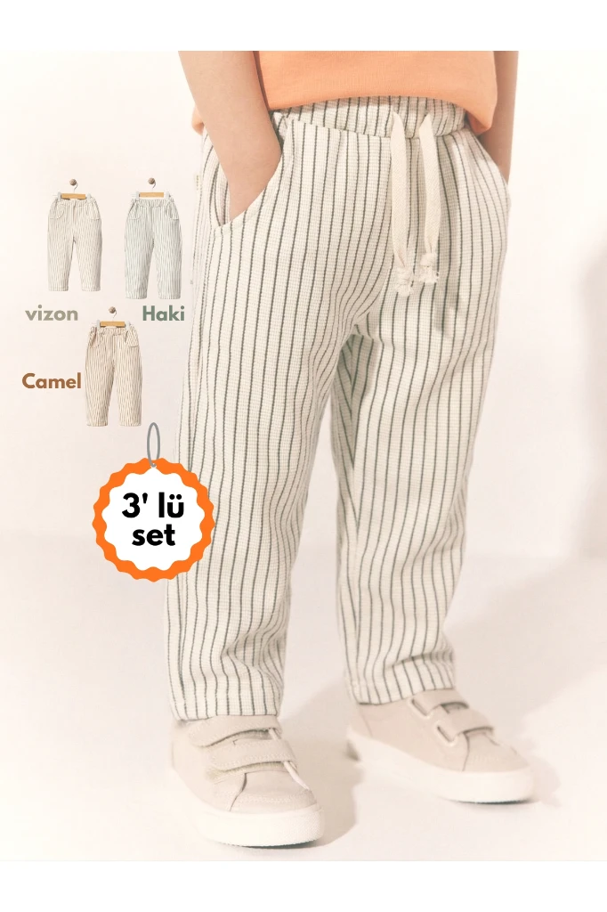 Çizgili Örme 3'lü Pantolon 3710 - ÇOK RENKLİ
