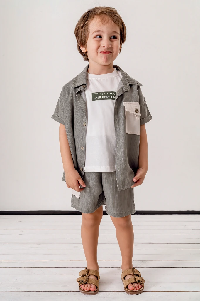 Erkek Çocuk Kısa Kollu Gömlekli Şortlu 3’lü Takım 3703 - GRİ