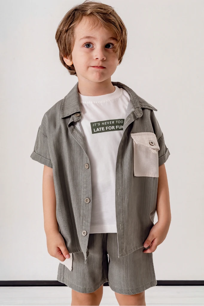 Erkek Çocuk Kısa Kollu Gömlekli Şortlu 3’lü Takım 3703 - GRİ