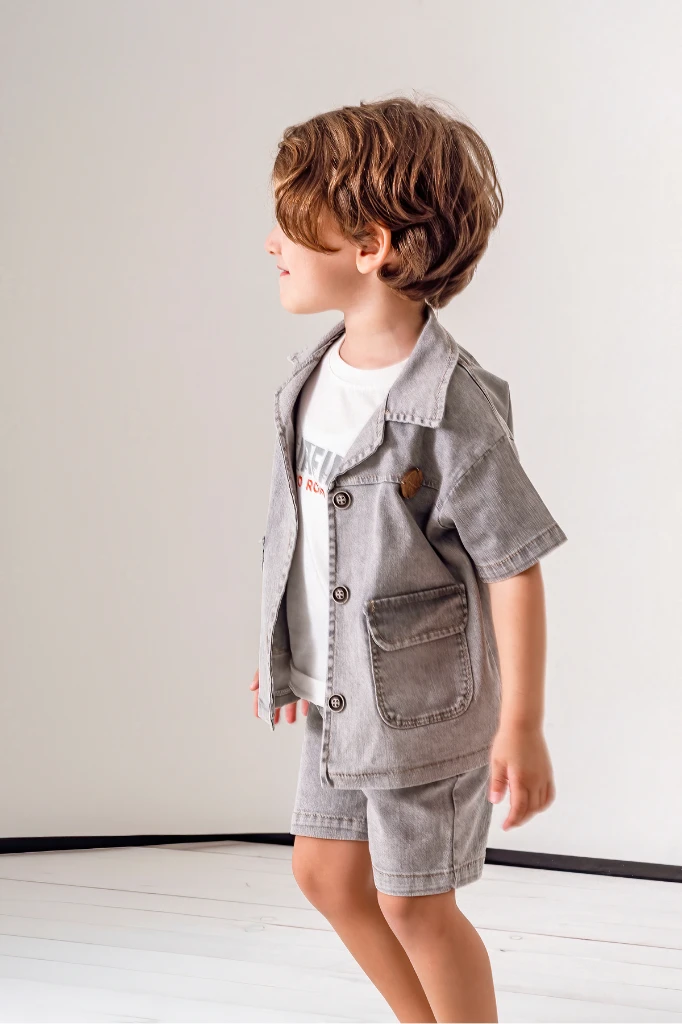 Kot Gömlek Kot Şort ve T-shirt 3lü Erkek Çocuk Takım - GRİ