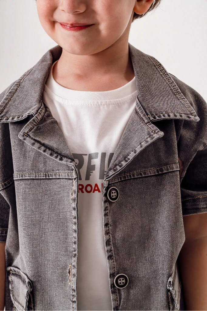 Kot Gömlek Kot Şort ve T-shirt 3lü Erkek Çocuk Takım - KOYU GRİ
