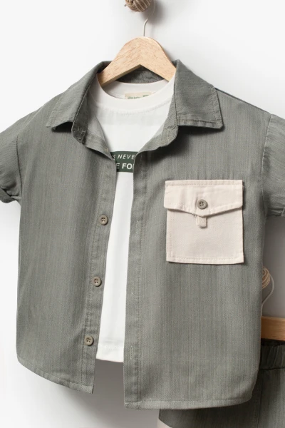 Erkek Çocuk Kısa Kollu Gömlekli Şortlu 3’lü Takım 3703 - GRİ