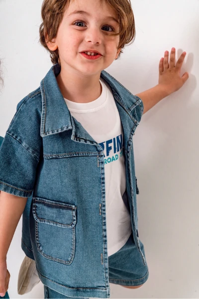 Kot Gömlek Kot Şort ve T-shirt 3lü Erkek Çocuk Takım - MAVİ