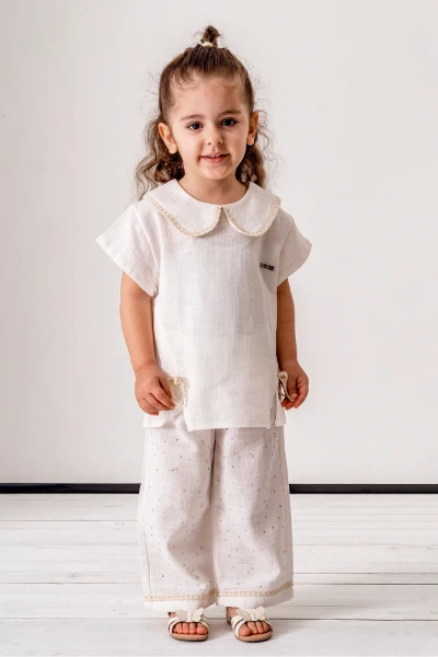  Taş Baskılı Pantolonlu Kısa Kollu 2li Yazlık Kız Takım 3708 - BEYAZ