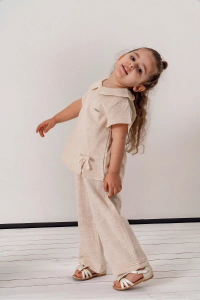  Taş Baskılı Pantolonlu Kısa Kollu 2li Yazlık Kız Takım 3708 - EKRU