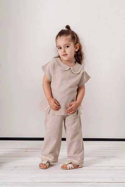  Taş Baskılı Pantolonlu Kısa Kollu 2li Yazlık Kız Takım 3708 - BEJ