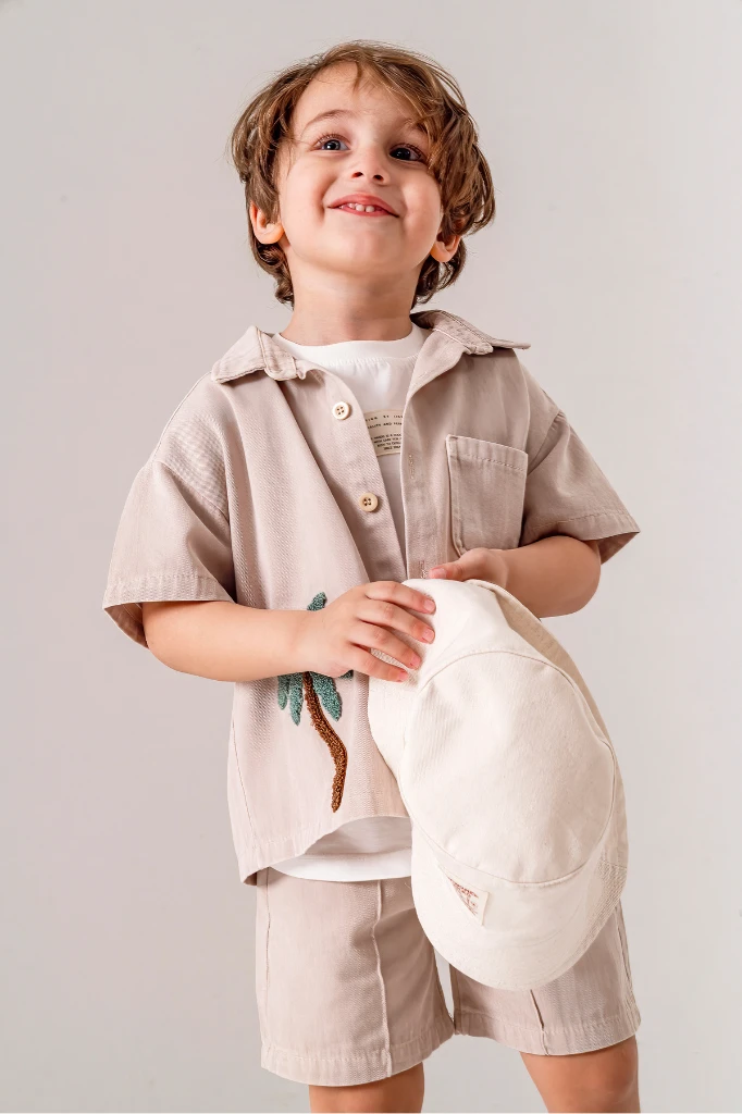 Palmiye Nakışlı Kısa Kollu Gömlek Şort 3lü Erkek Çocuk Takım 3702 - BEJ