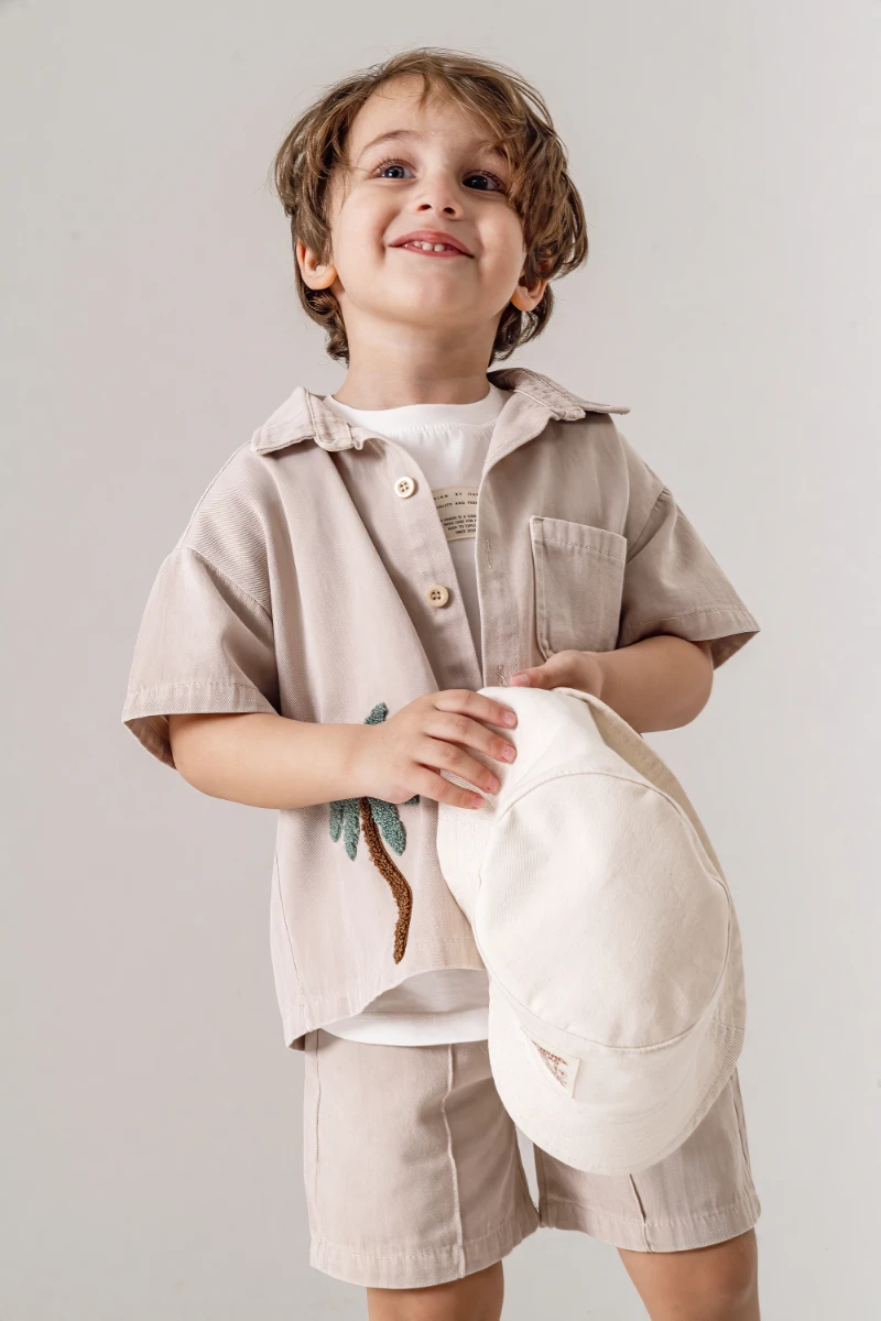 Palmiye Nakışlı Kısa Kollu Gömlek Şort 3lü Erkek Çocuk Takım 3702 - BEJ