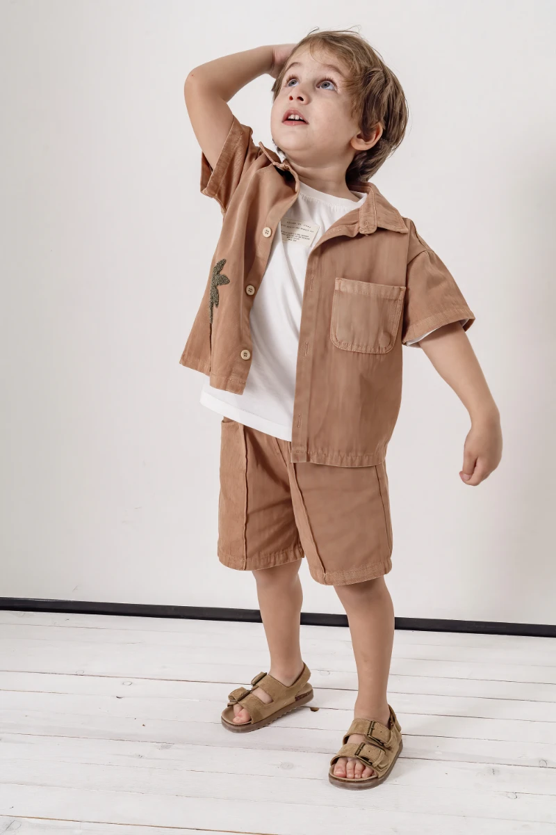 Palmiye Nakışlı Kısa Kollu Gömlek Şort 3lü Erkek Çocuk Takım 3702 - VİZON