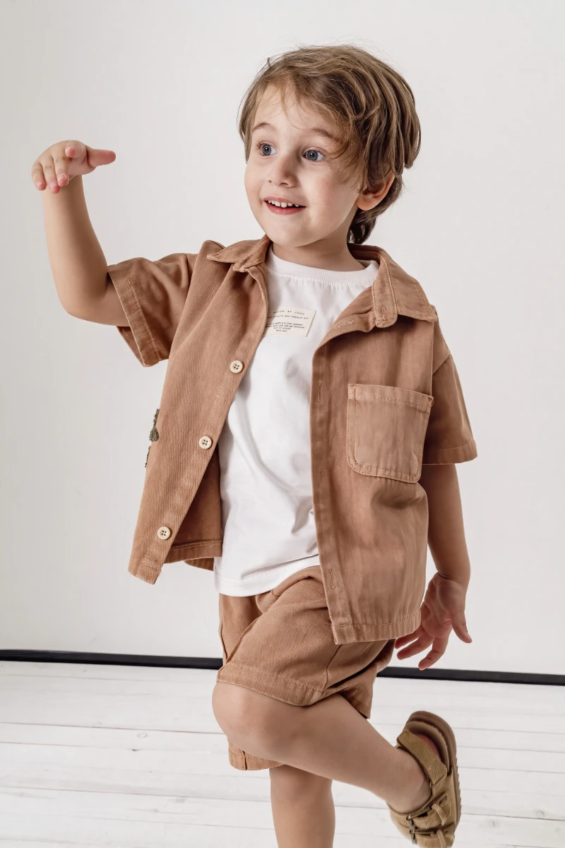 Palmiye Nakışlı Kısa Kollu Gömlek Şort 3lü Erkek Çocuk Takım 3702 - VİZON