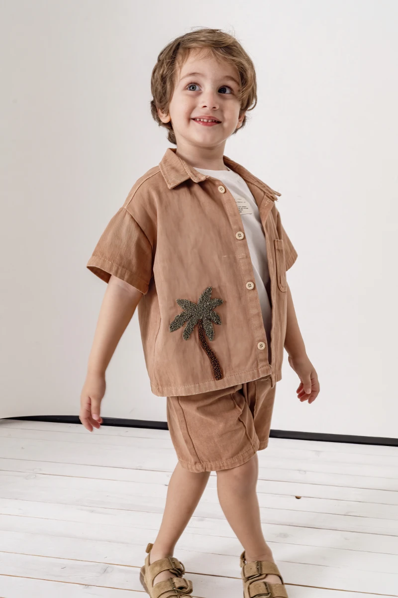 Palmiye Nakışlı Kısa Kollu Gömlek Şort 3lü Erkek Çocuk Takım 3702 - VİZON